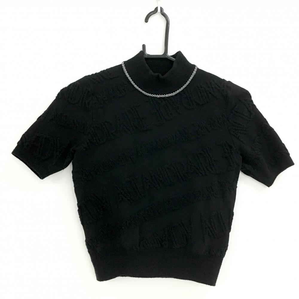【美品】エースアンドレア 半袖ハイネックセーター 黒 ロゴ総柄織生地 レディース 158T ゴルフウェア ACEANDRARE