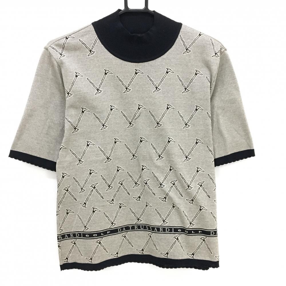 【未使用品】トラサルディゴルフ 半袖セーター 黒×ベージュ 総柄 コットン100％ ニット レディース 42 ゴルフウェア 