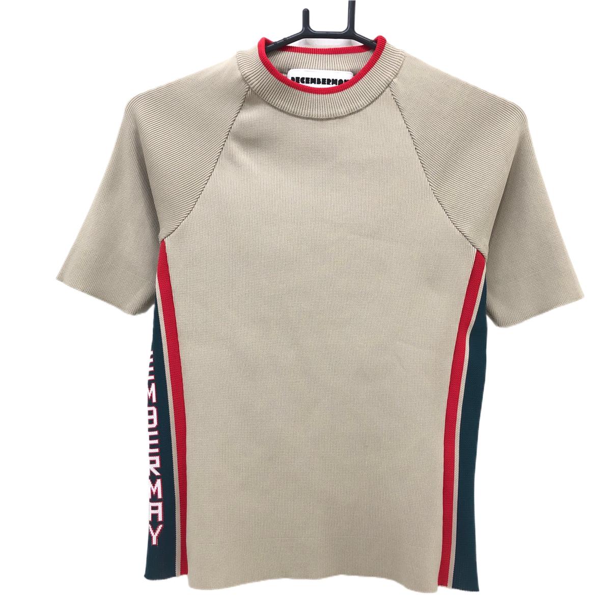 【超美品】ディセンバーメイ 半袖ハイネックセーター ベージュ系×レッド サイドロゴ ニット レディース S ゴルフウェア DECEMBERMAY