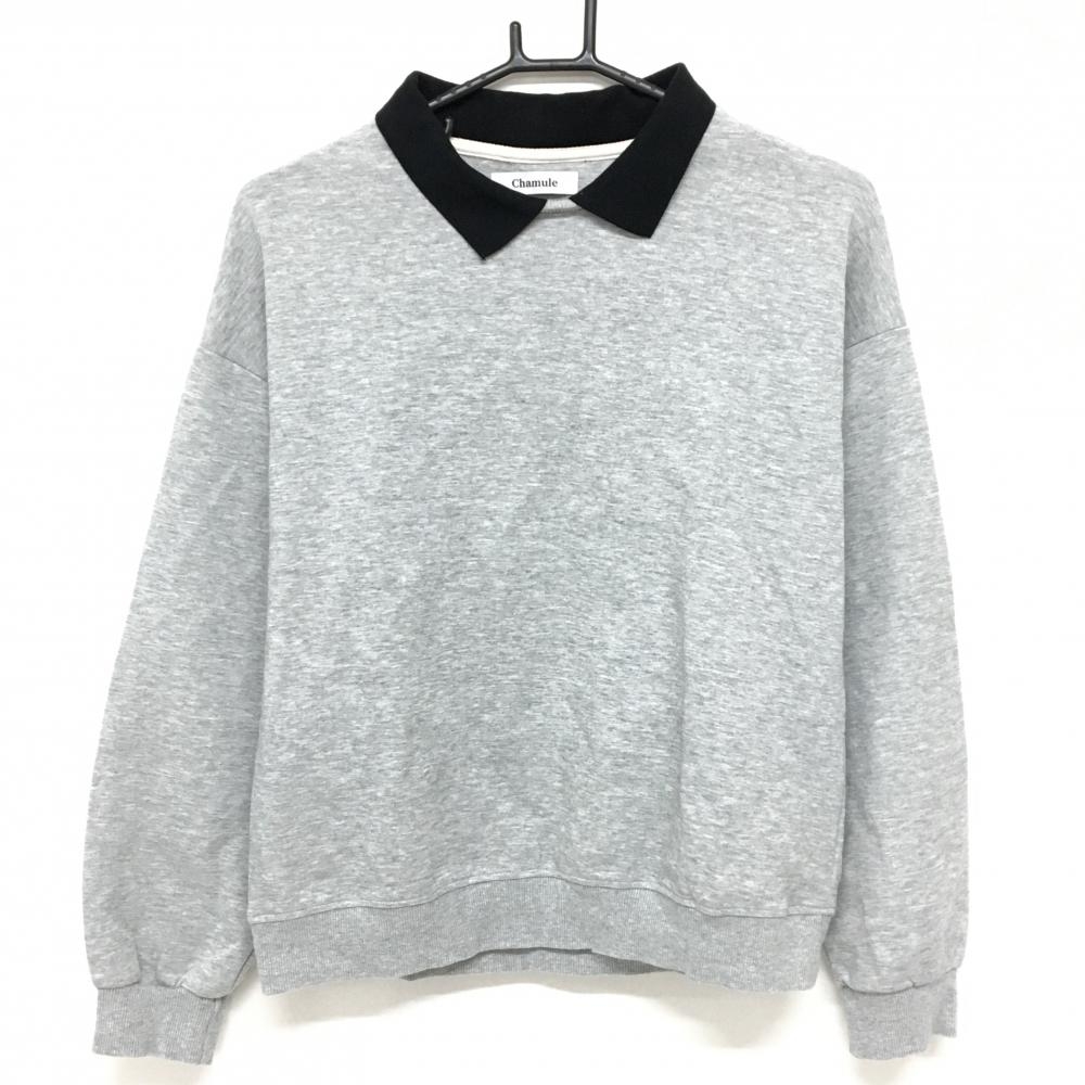 【美品】チャミュレ 襟付きトレーナー 杢グレー 襟黒 レディース  ゴルフウェア Chamule