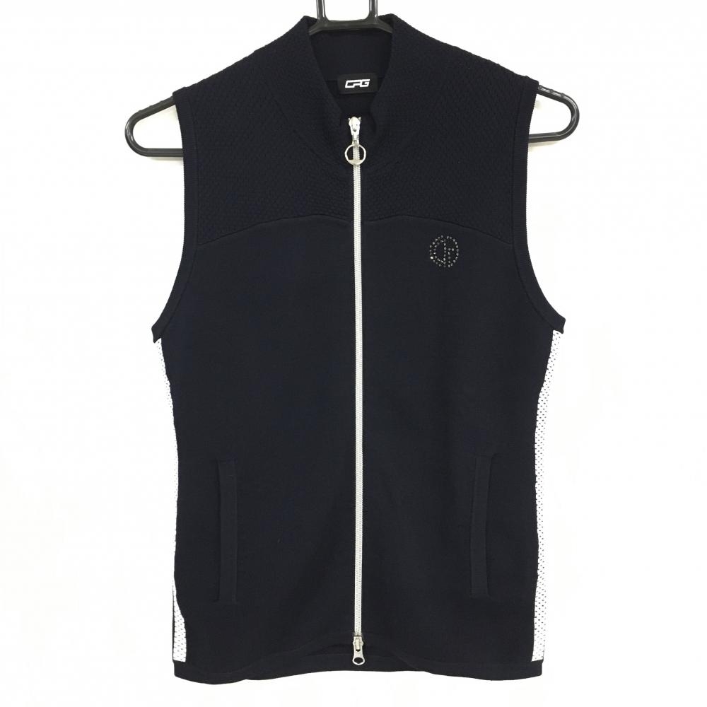 【超美品】シーピージー ニットジップベスト ネイビー× 白 サイドライン ロゴラインストーン  レディース S ゴルフウェア CPG