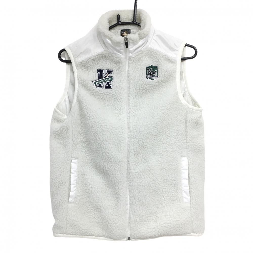【美品】キスマークゴルフ ボアアウターベスト 白×ネイビー ロゴワッペン 裏地メッシュ  レディース L ゴルフウェア Kissmark GOLF