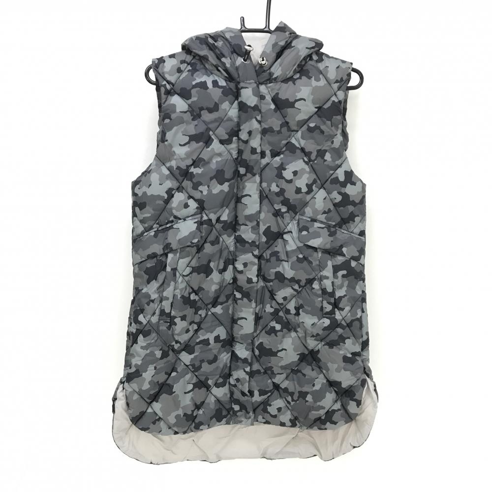 【新品】ハッシュパピー 中綿ロングベスト グリーン系×グレー カモフラ 迷彩 フード付 レディース L ゴルフウェア HushPuppies