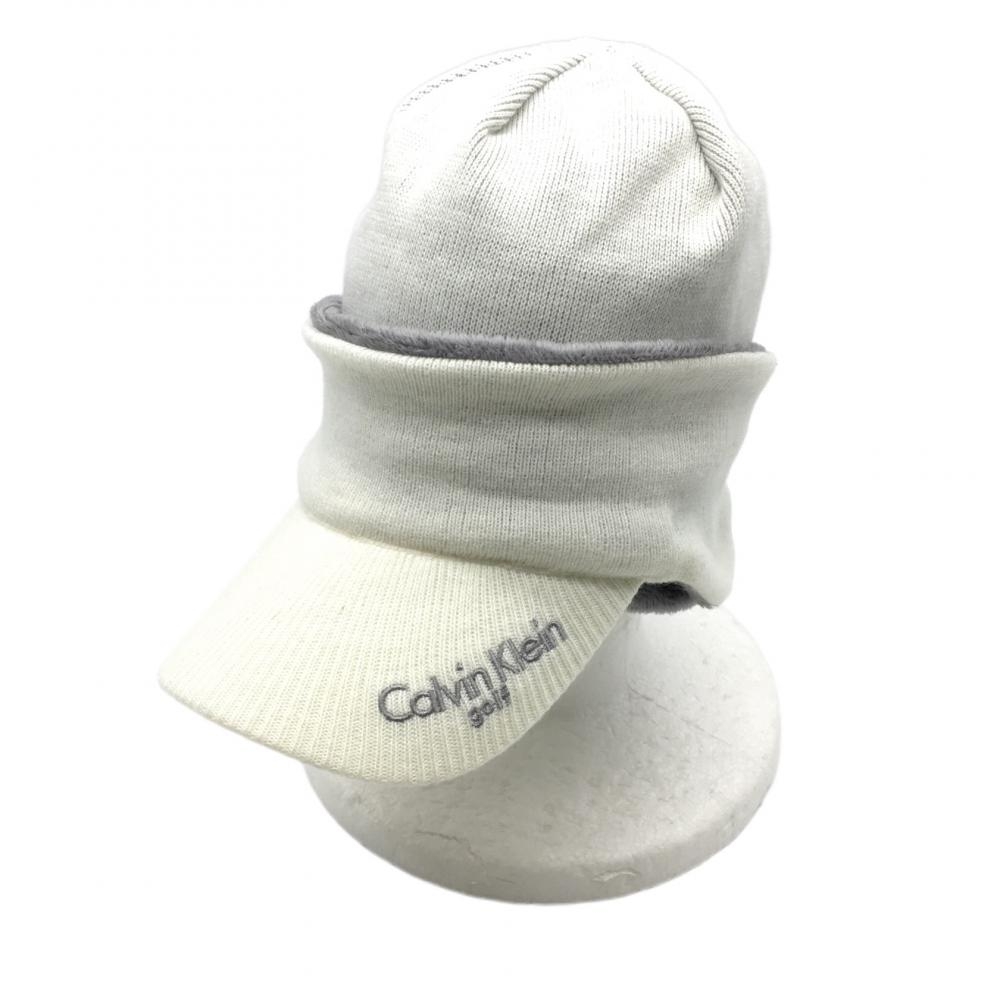 【超美品】カルバンクライン 3WAYニット帽サンバイザー 白×グレー 裏起毛 レディース F ゴルフウェア Calvin Klein