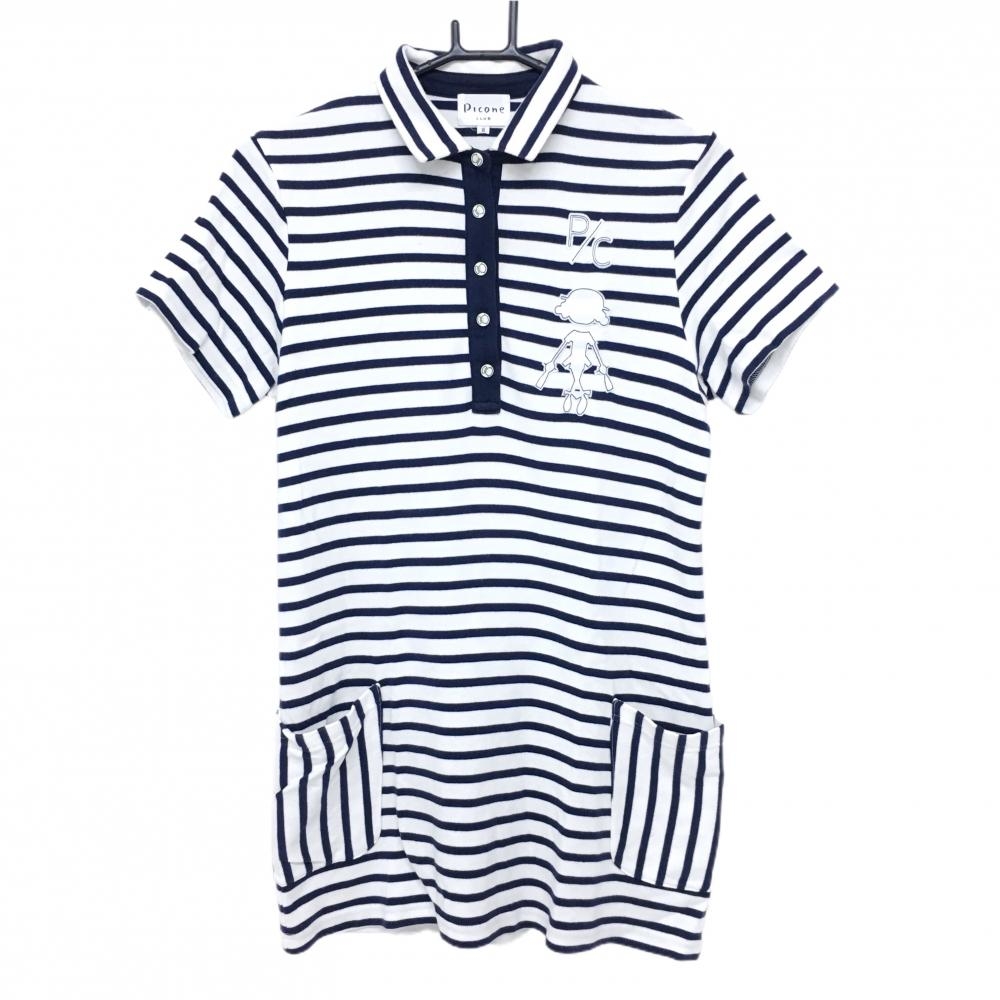 ピッコーネ 半袖ポロシャツ 白×ネイビー 胸元ワッペン チュニック レディース II(L) ゴルフウェア PICONE