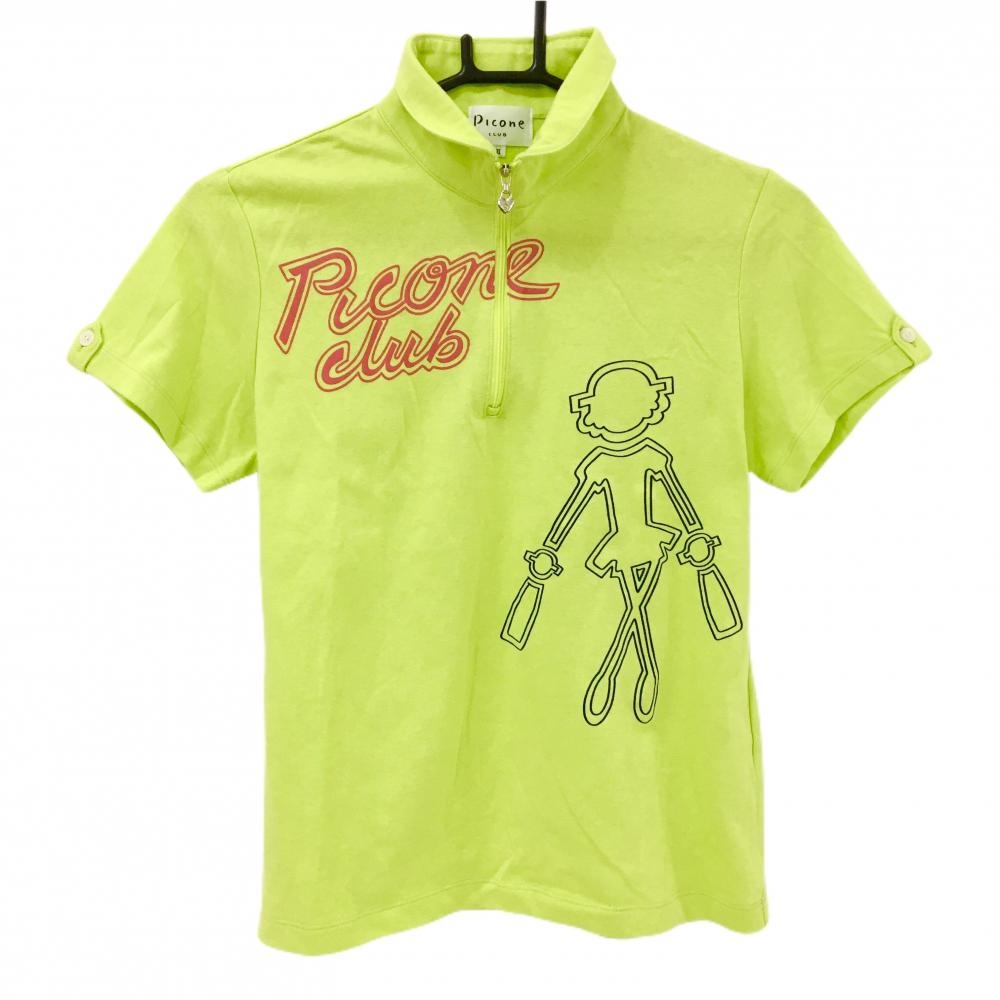 【美品】ピッコーネ 半袖ハイネックシャツ イエローグリーン系×ピンク×黒  レディース Ⅱ(L) ゴルフウェア PICONE