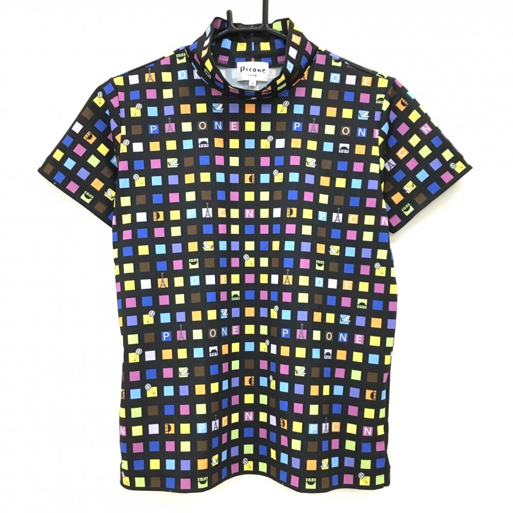 【超美品】ピッコーネクラブ 半袖ハイネックシャツ 黒×マルチカラー 総柄 ストレッチ レディース I(M) ゴルフウェア PICONE