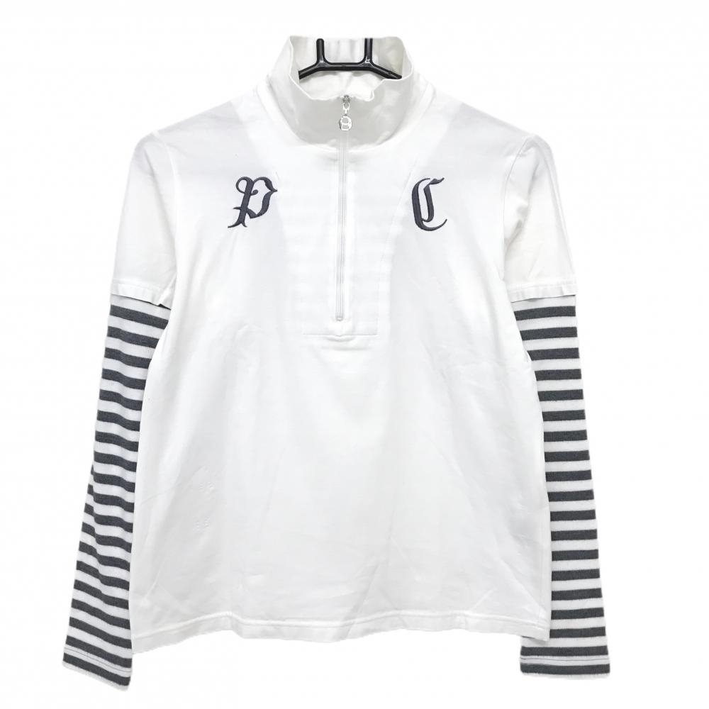 ピッコーネクラブ 長袖ハイネックシャツ 白×グレー ハーフジップ 袖ボーダー 重ね着風  レディース I(M) ゴルフウェア PICONE