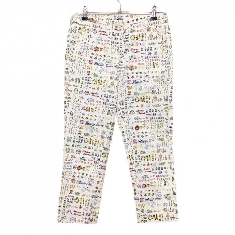 【超美品】ピッコーネ パンツ 白×マルチ 総柄 太陽 ハート　フェイクポケット レディース 38(M) ゴルフウェア PICONE