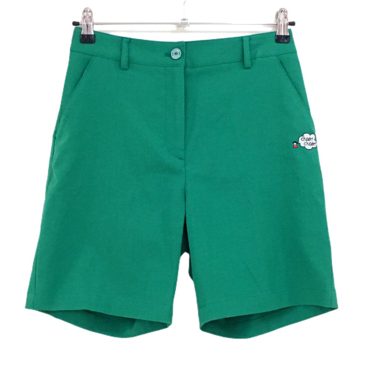 【美品】ピッコーネ ハーフパンツ グリーン ロゴ刺しゅう ウエスト後ろゴム 麻混  レディース 38(M) ゴルフウェア PICONE