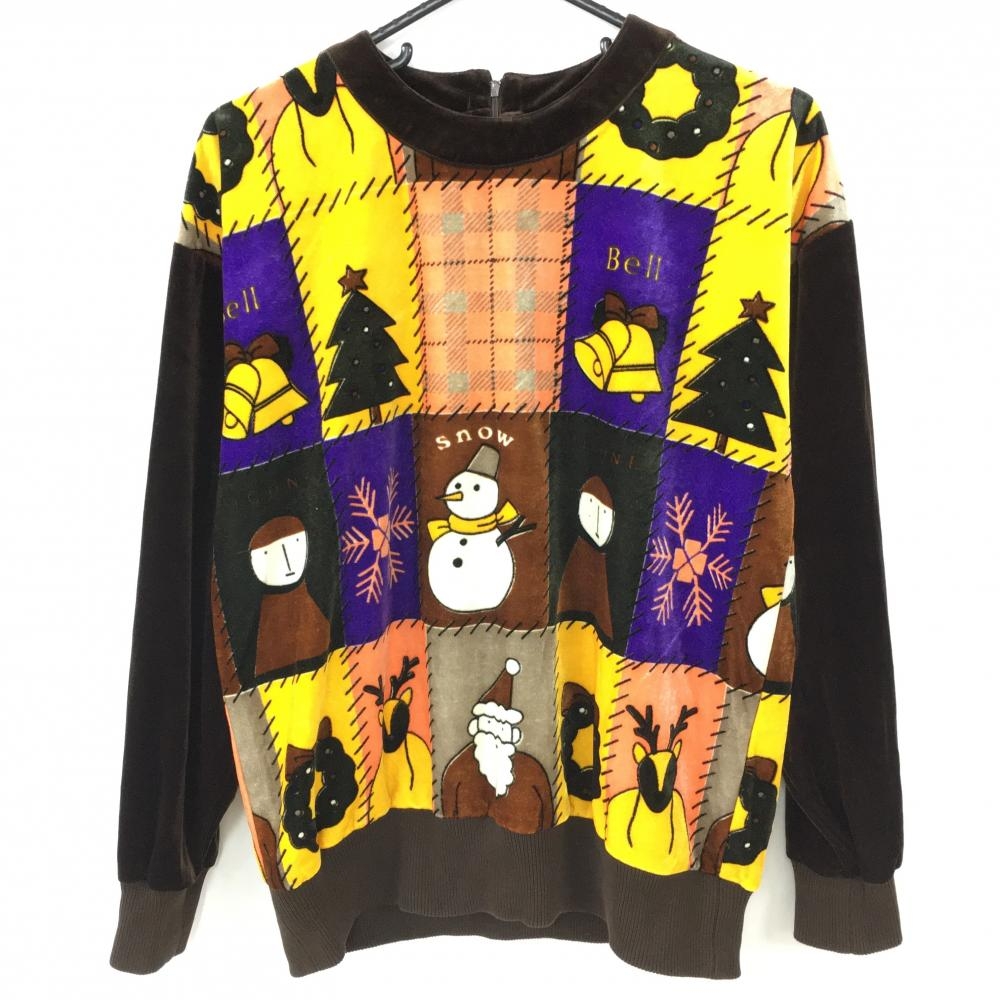 【超美品】PICONE ピッコーネ トレーナー ブラウン×イエロー クリスマス柄 ベロア調 レディース 38(M) ゴルフウェア