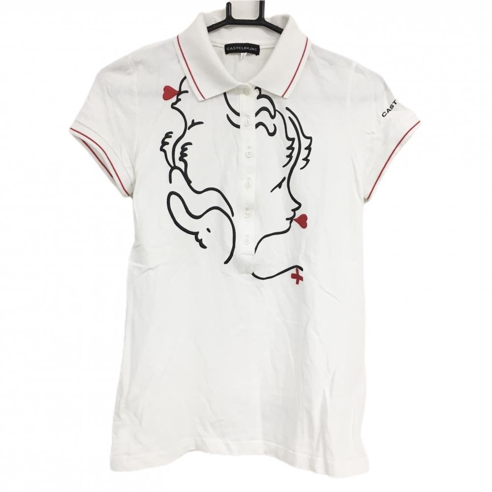 【美品】カステルバジャック 半袖ポロシャツ 白×黒 女性柄 レディース 2 ゴルフウェア CASTELBAJAC