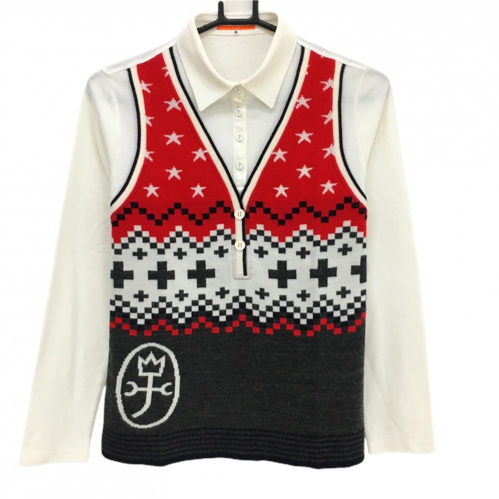 【美品】カステルバジャック 長袖ポロシャツ 白×レッド 重ね着風 ニット レディース 40(M) ゴルフウェア CASTELBAJAC