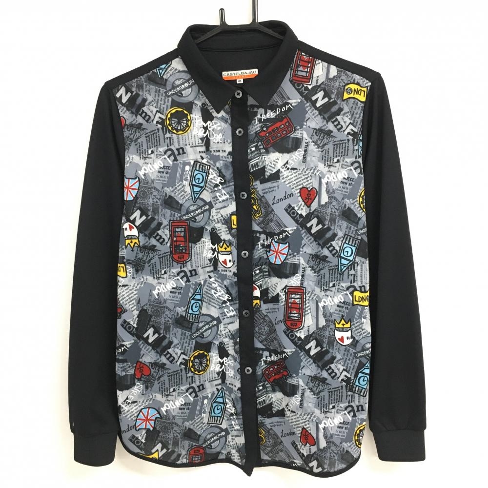 【超美品】カステルバジャック 長袖シャツ 黒×グレー 前身頃総柄 レディース 44(XL) ゴルフウェア CASTELBAJAC
