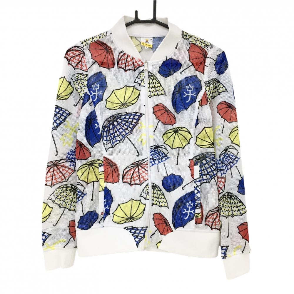 【超美品】カステルバジャック メッシュブルゾン 白×マルチカラー アンブレラ総柄 レディース 38(S) ゴルフウェア CASTELBAJAC
