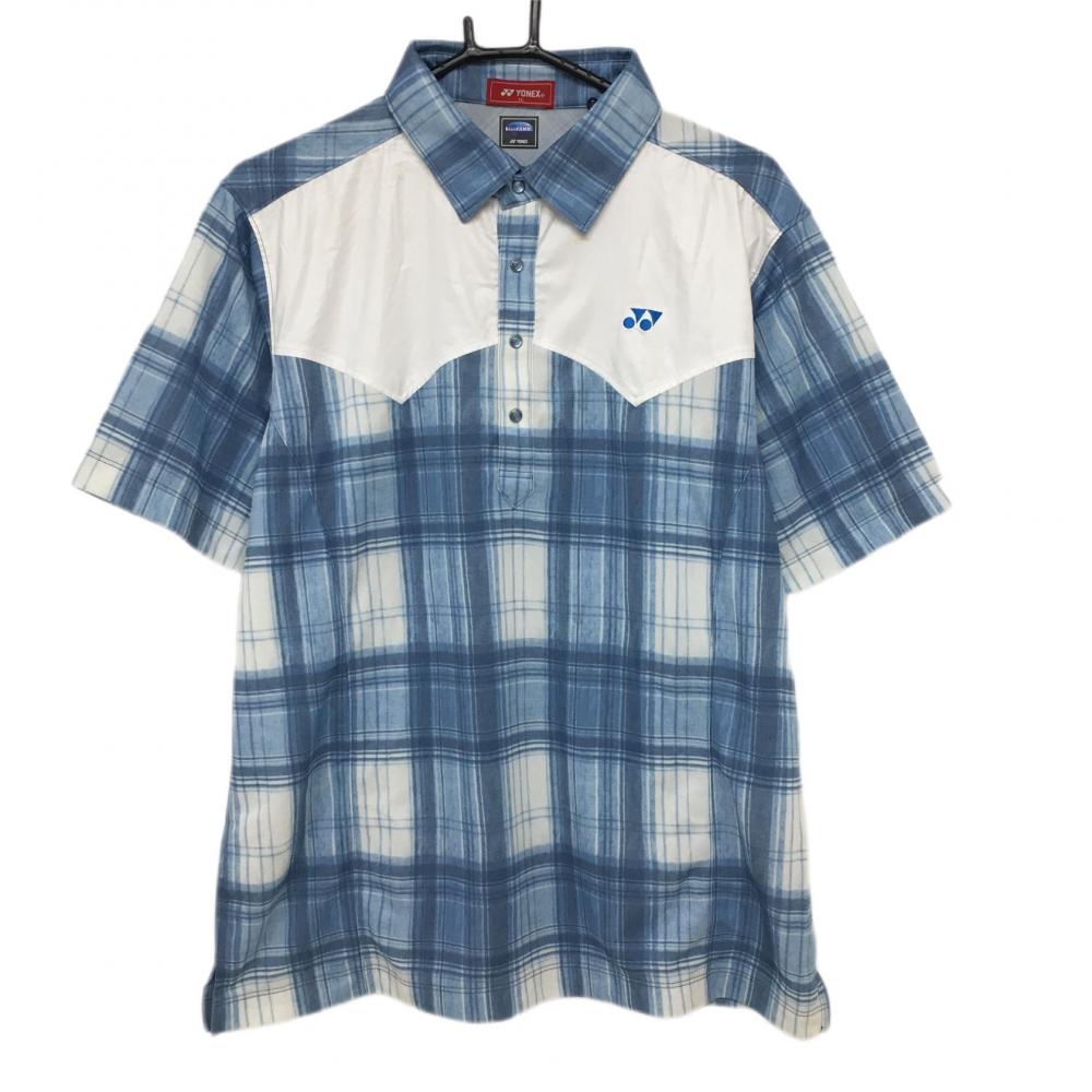 ヨネックス 半袖ポロシャツ ブルー×白 チェック ロゴ刺しゅう メンズ LL ゴルフウェア YONEX