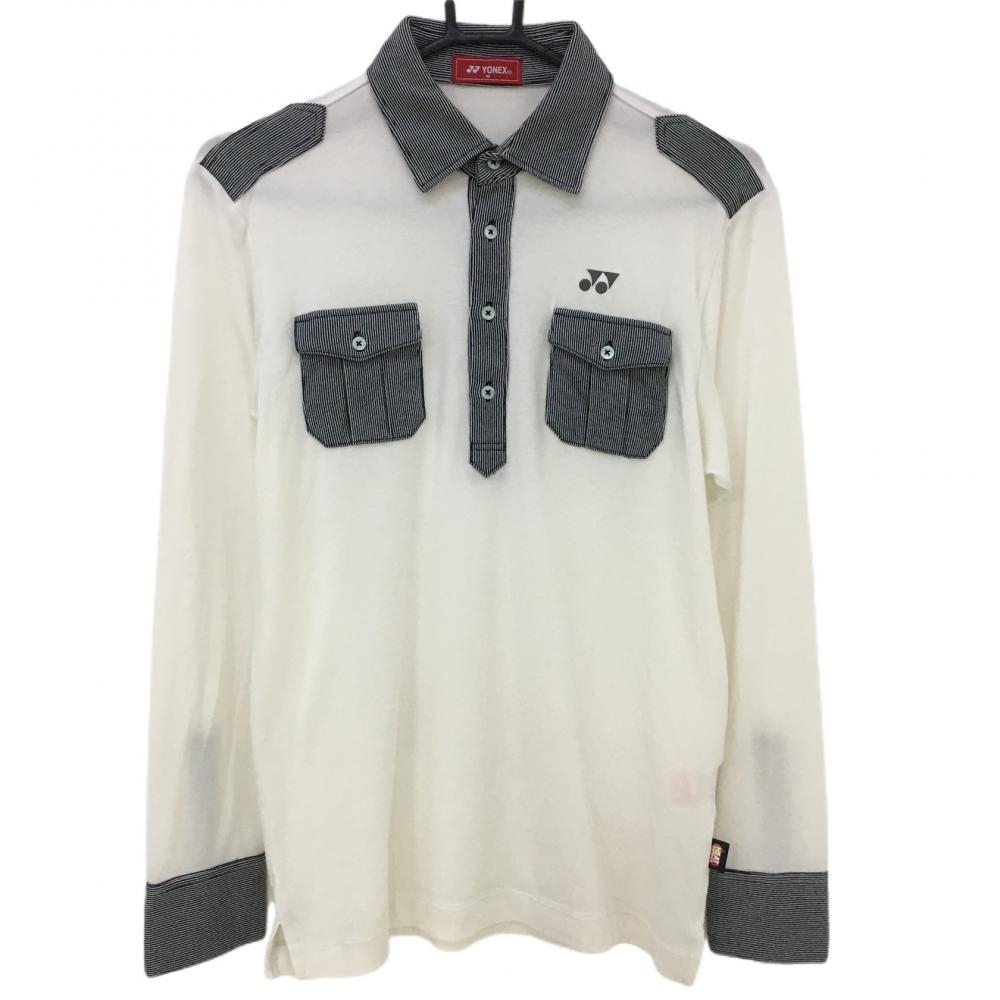 【美品】ヨネックス 長袖ポロシャツ 白×黒 一部ストライプ  メンズ M ゴルフウェア YONEX