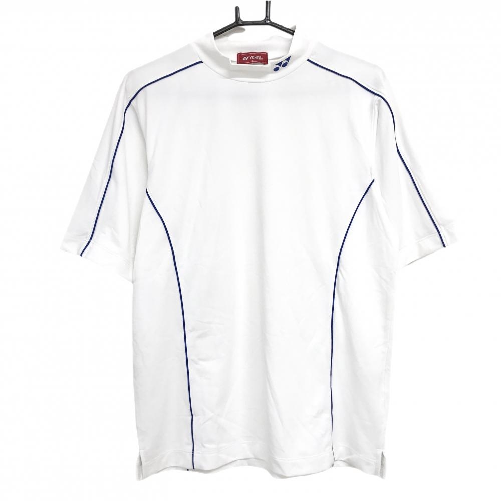【美品】ヨネックス 半袖ハイネックシャツ 白×ブルー パイピングブルー ネックロゴ メンズ L ゴルフウェア YONEX