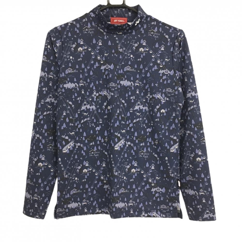 【超美品】ヨネックス 長袖ハイネックシャツ ネイビー×ライトブルー 総柄 スキー場 HEAT CAPSULE レディース L ゴルフウェア YONEX