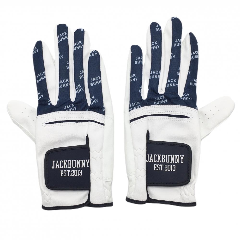 【新品】ジャックバニー グローブ 白×ネイビー 両手用 一部ロゴ柄 レディース SS ゴルフウェア Jack Bunny