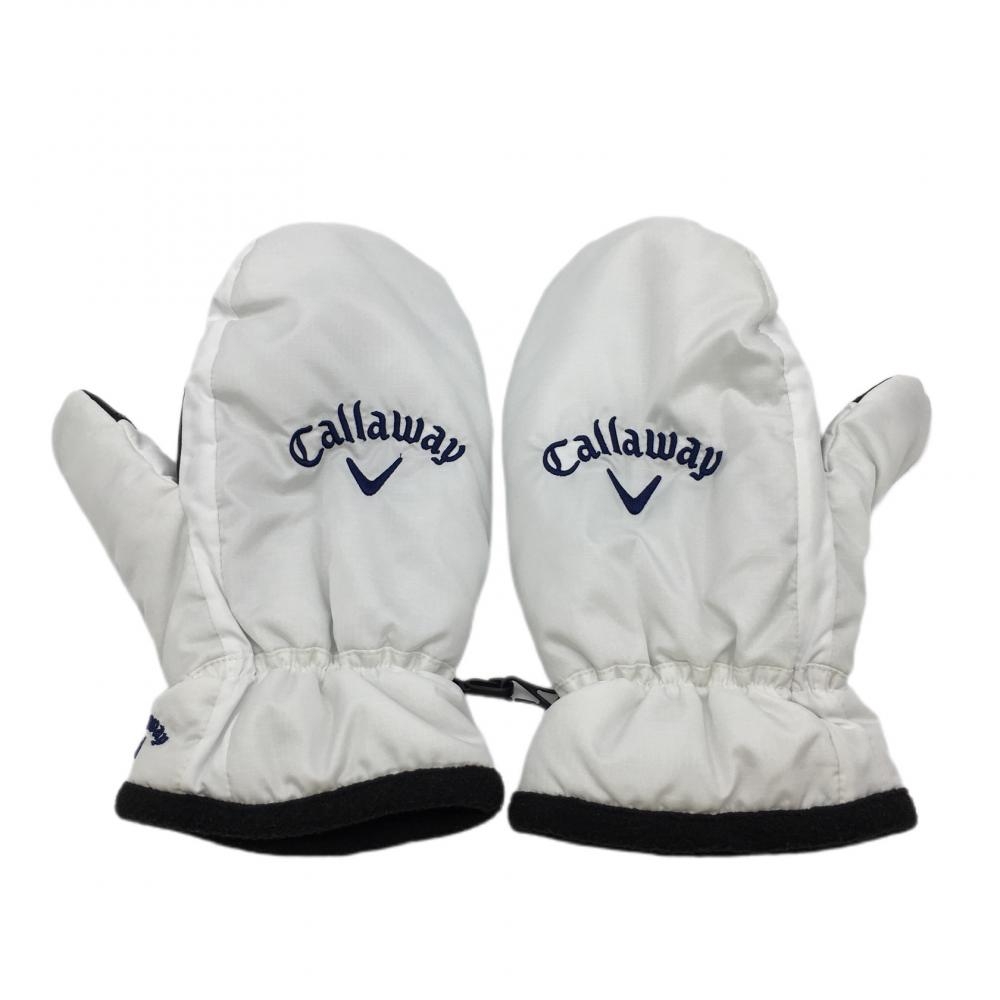 【美品】キャロウェイ ミトン手袋 白×ネイビー 滑り止め付き 裏起毛 メンズ  ゴルフウェア Callaway
