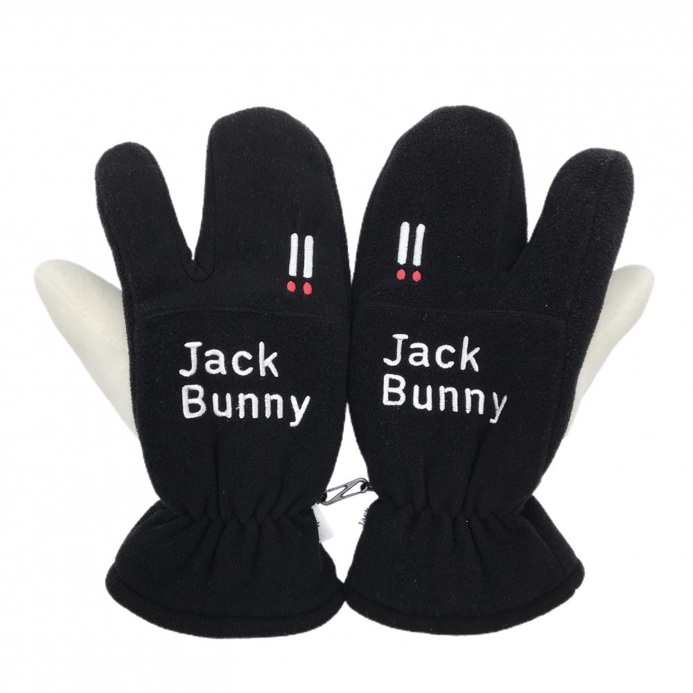 【美品】ジャックバニー 手袋 黒×白 ロゴ刺しゅう ミトングローブ フリース メンズ L ゴルフウェア Jack Bunny