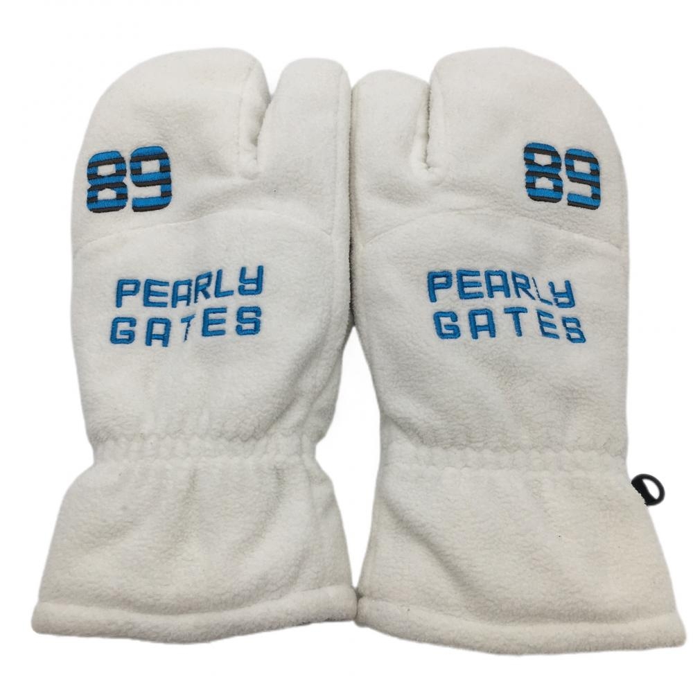 【美品】パーリーゲイツ 手袋 ミトングローブ 白×ライトブルー フリース 裏微起毛 メンズ S ゴルフウェア PEARLY GATES