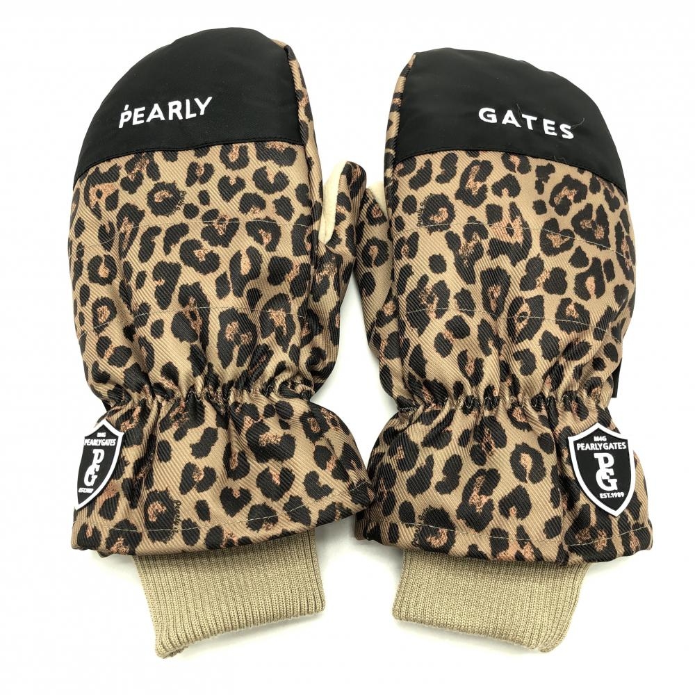 【超美品】パーリーゲイツ 手袋 ベージュ×黒 レオパード ヒョウ柄 裏起毛 メンズ  ゴルフウェア PEARLY GATES