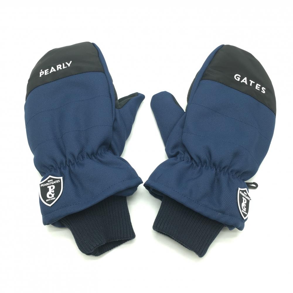 【超美品】パーリーゲイツ 手袋 ネイビー×黒 ロゴ刺しゅう ミトングローブ 一部フリース メンズ  ゴルフウェア PEARLY GATES