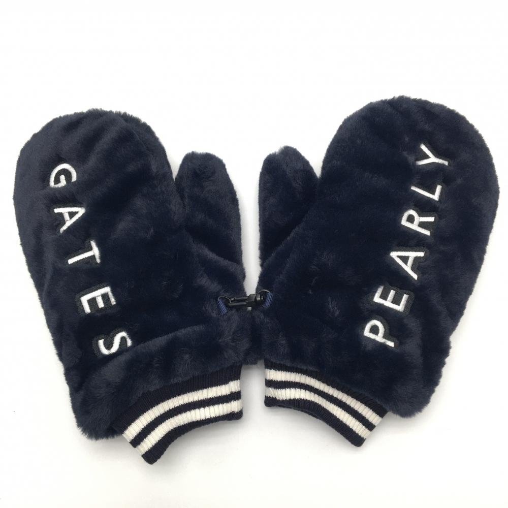 【超美品】パーリーゲイツ 手袋 ネイビー×白 フェイクファー ミトングローブ 両手 レディース  ゴルフウェア PEARLY GATES