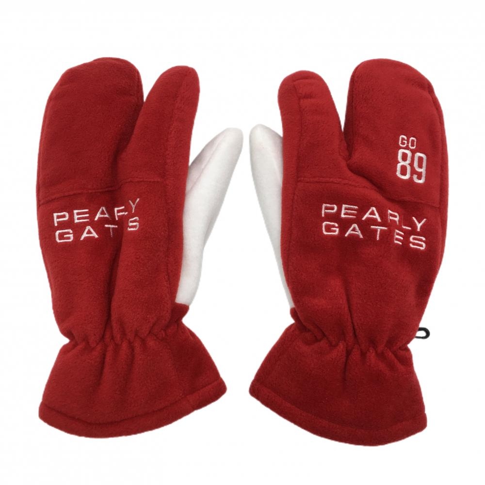 【美品】パーリーゲイツ 手袋 レッド×白 ロゴ刺しゅう ミトングローブ レディース L ゴルフウェア PEARLY GATES