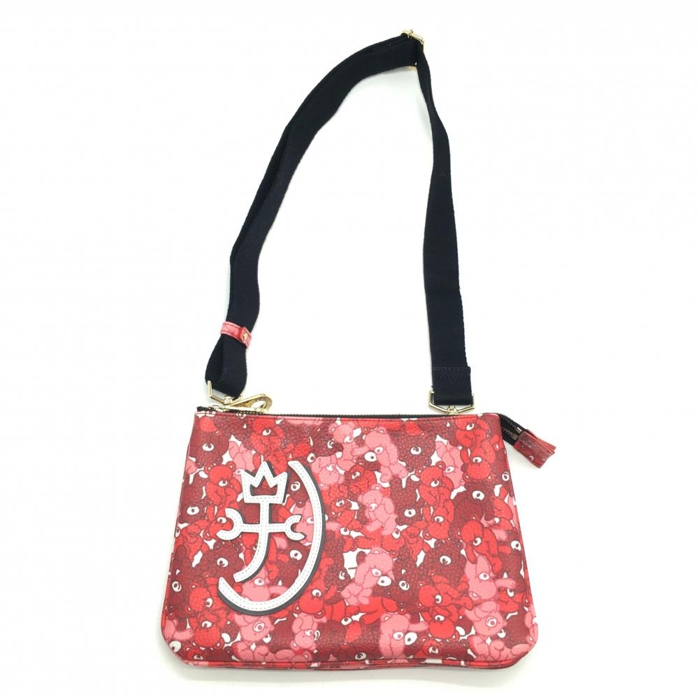 【超美品】カステルバジャック ショルダーバッグ レッド×ピンク ベア総柄 2ファスナー 内ポケット付 ゴルフ CASTELBAJAC