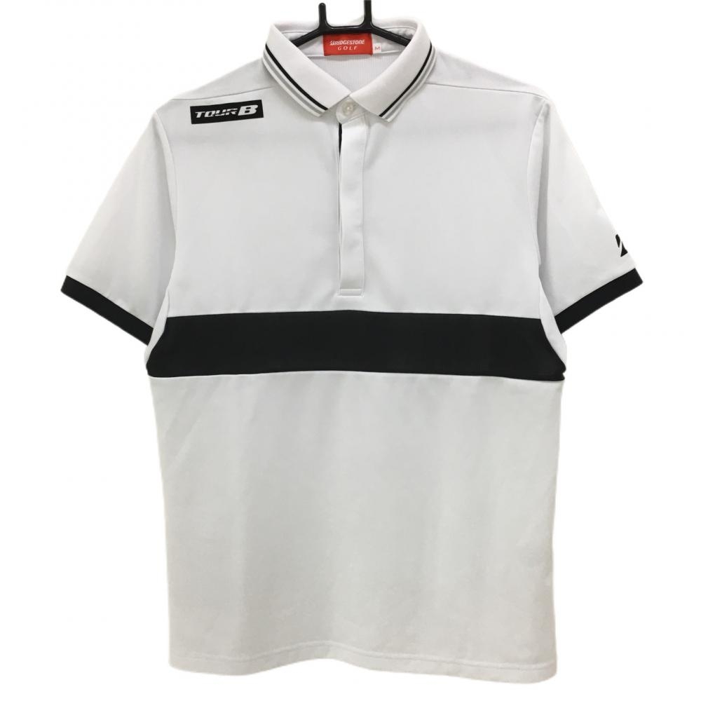 【超美品】ブリヂストン 半袖ポロシャツ 白×黒 胸元ライン TOURB メンズ M ゴルフウェア Bridgestone
