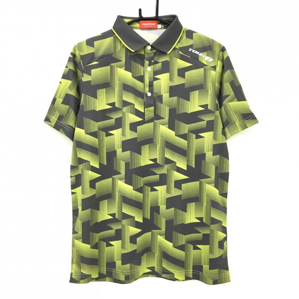 【美品】ブリヂストンゴルフ 半袖ポロシャツ イエローグリーン×グレー 総柄 胸元ロゴ  メンズ L ゴルフウェア Bridgestone