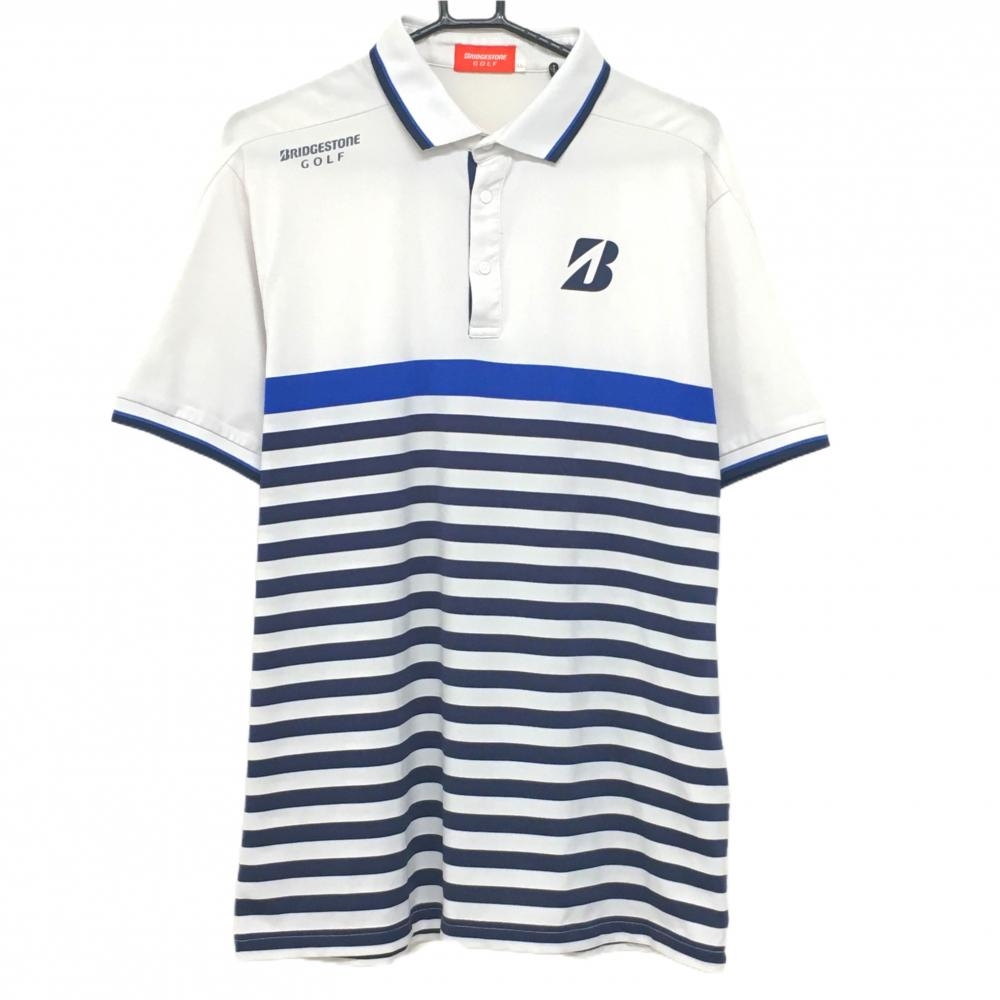 ブリヂストンゴルフ 半袖ポロシャツ 白×ネイビー ボーダー スナップボタン メンズ LL ゴルフウェア Bridgestone