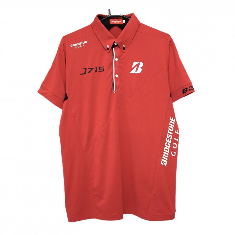 【超美品】ブリヂストンゴルフ 半袖ポロシャツ レッド×黒 ボタンダウン ストレッチ ロゴプリント メンズ L ゴルフウェア Bridgestone