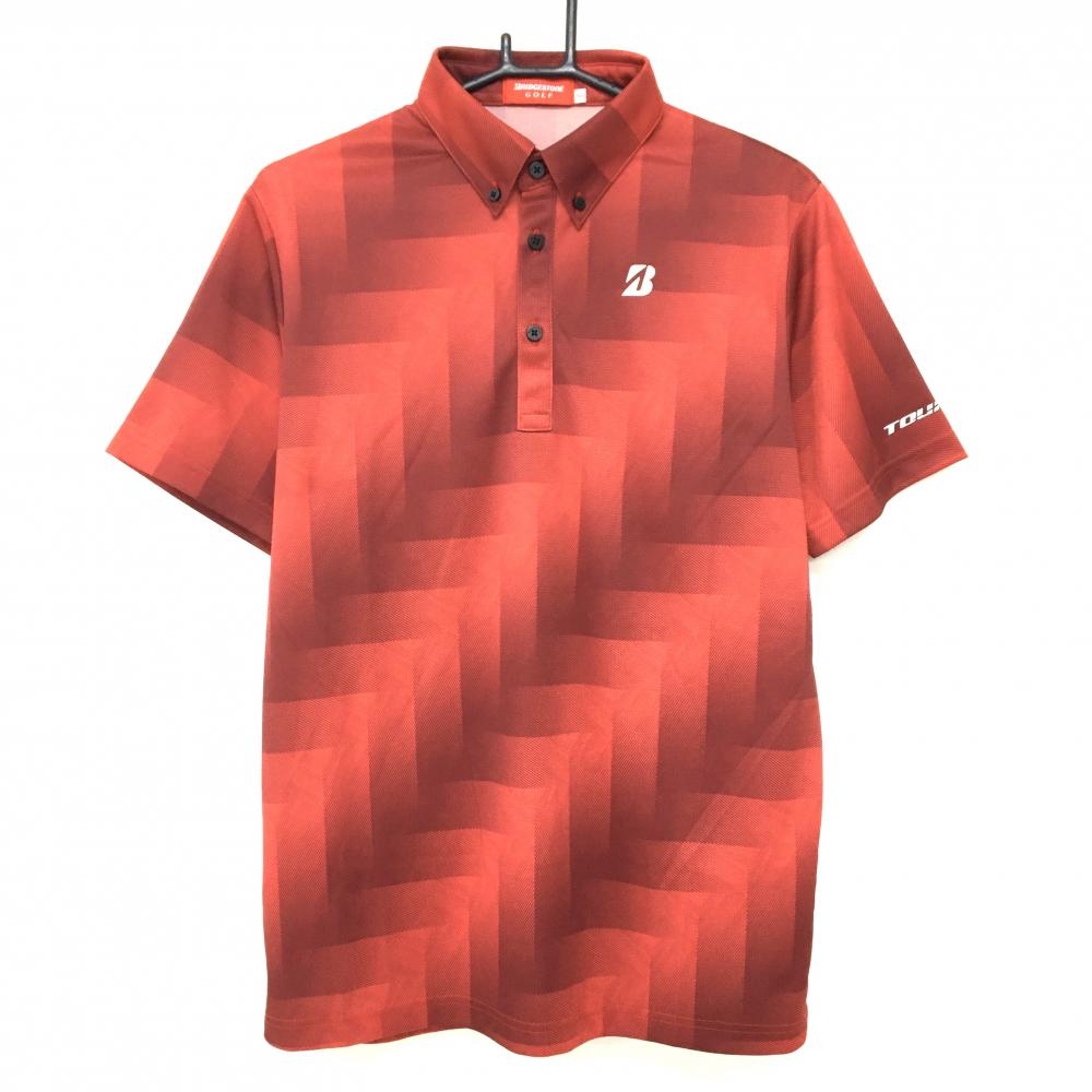 【超美品】ブリヂストンゴルフ 半袖ポロシャツ レッド系 総柄 ボタンダウン ロゴシルバー メンズ M ゴルフウェア Bridgestone