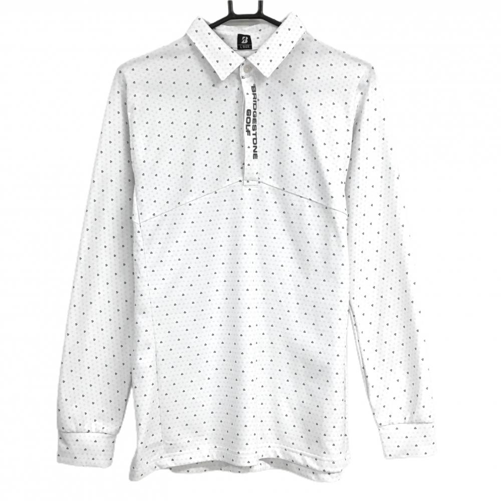 【超美品】ブリヂストン 長袖ポロシャツ 白×ライトグレー 総柄 前立てロゴ メンズ L ゴルフウェア Bridgestone