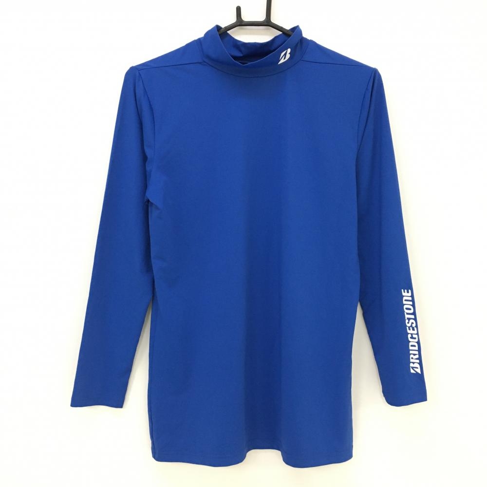 【超美品】ブリヂストン 中袖ハイネックインナーシャツ ブルー×白 袖・ネックロゴ メンズ L ゴルフウェア Bridgestone