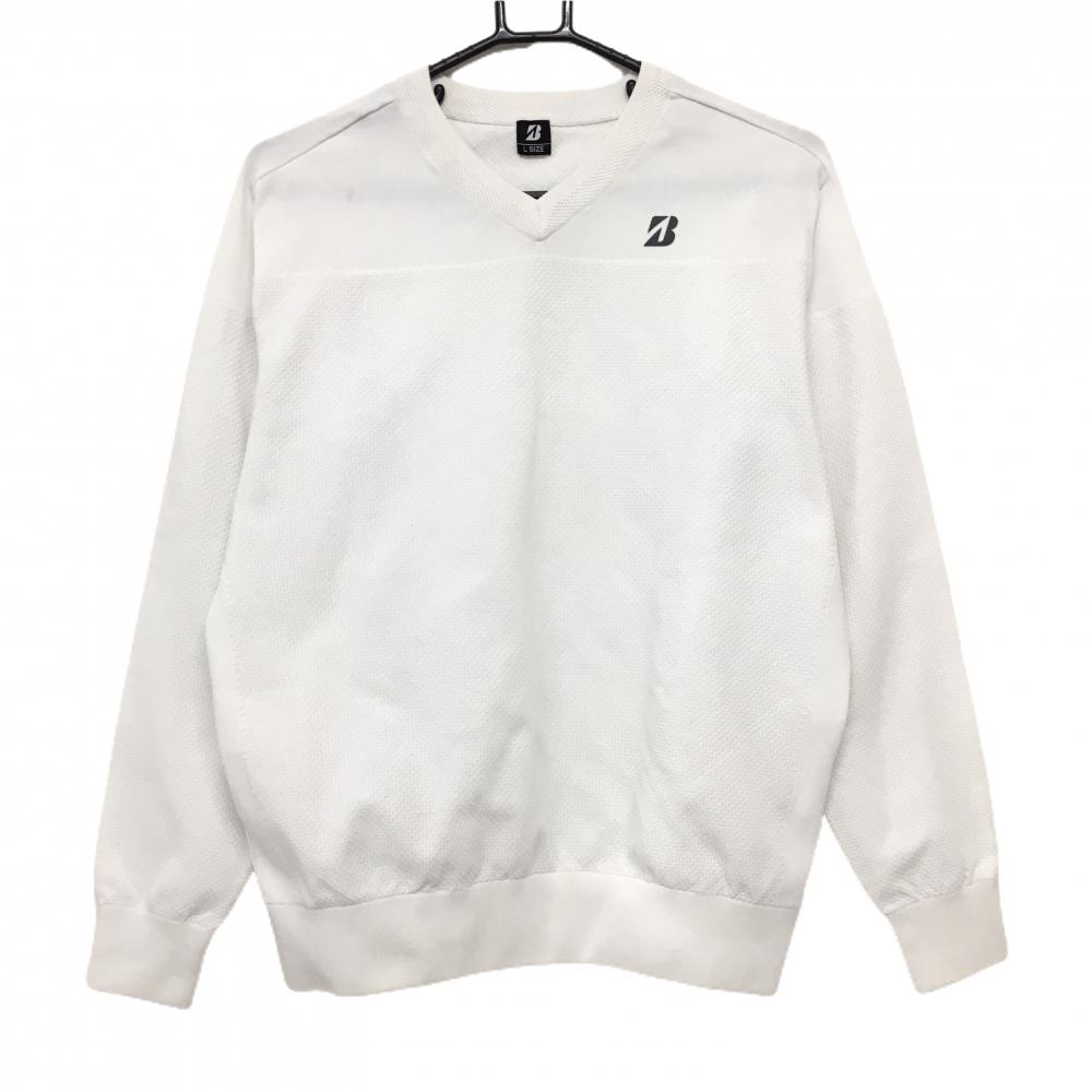 【美品】ブリヂストン セーター 白 身頃・袖織生地 胸元ロゴ Vネック ニット  メンズ L ゴルフウェア Bridgestone
