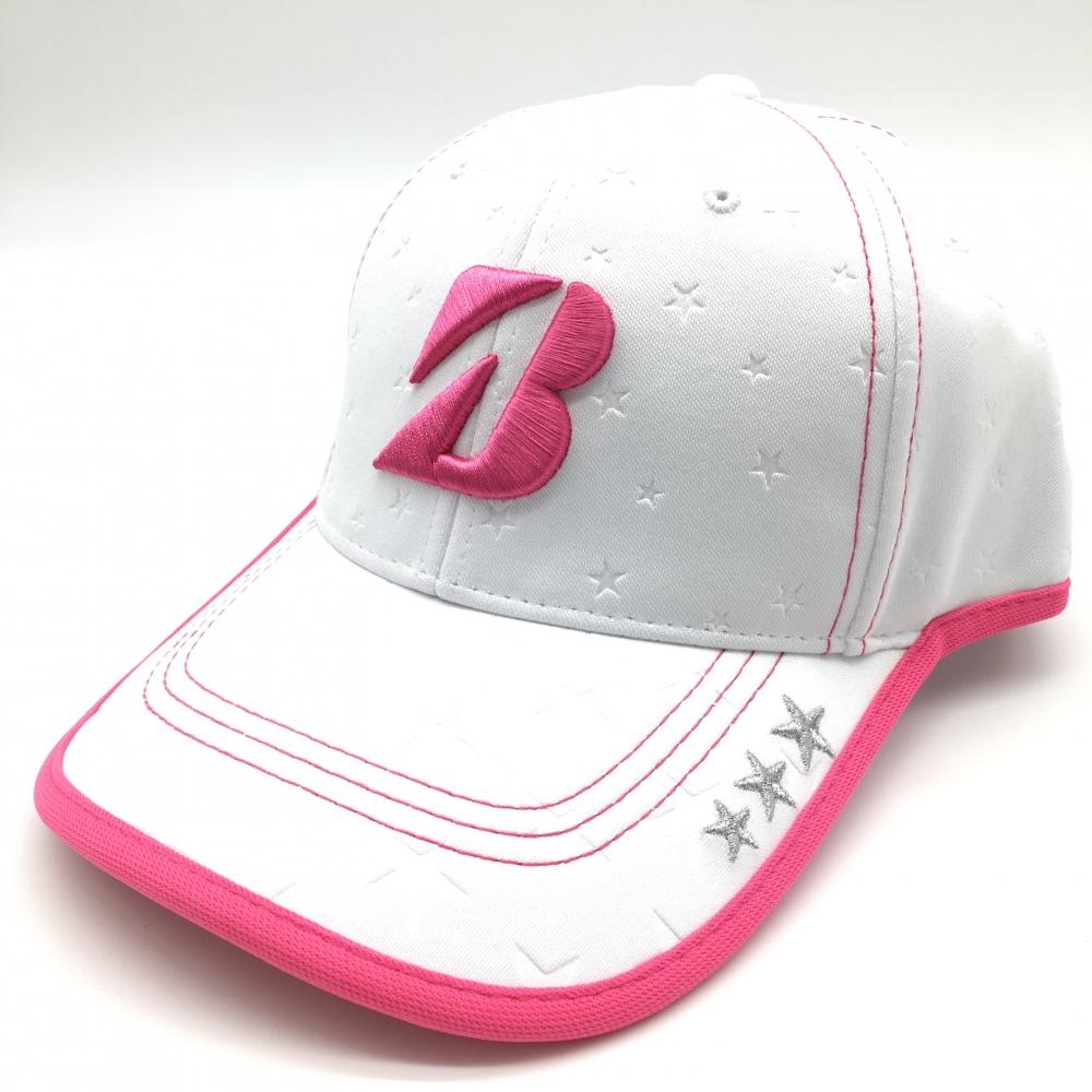 【新品】20％OFF〜Bridgestone ブリヂストン キャップ 白×ピンク 星柄 TOURB つば柔らか素材 フリーサイズ(約55〜58cm） ゴルフウェア