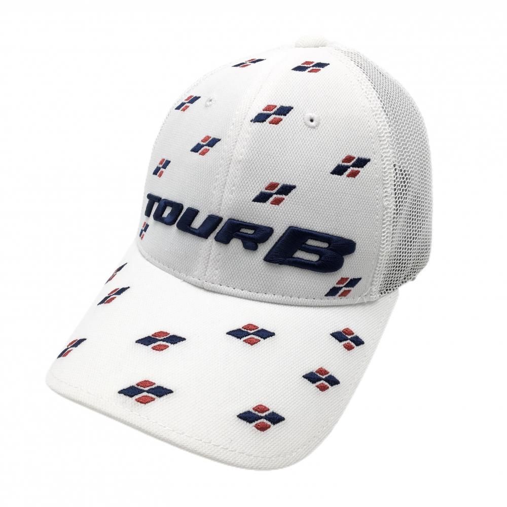 【超美品】ブリヂストンTOURB メッシュキャップ 白×ネイビー 一部総柄 フリーサイズ(約56-59cm)  ゴルフウェア Bridgestone
