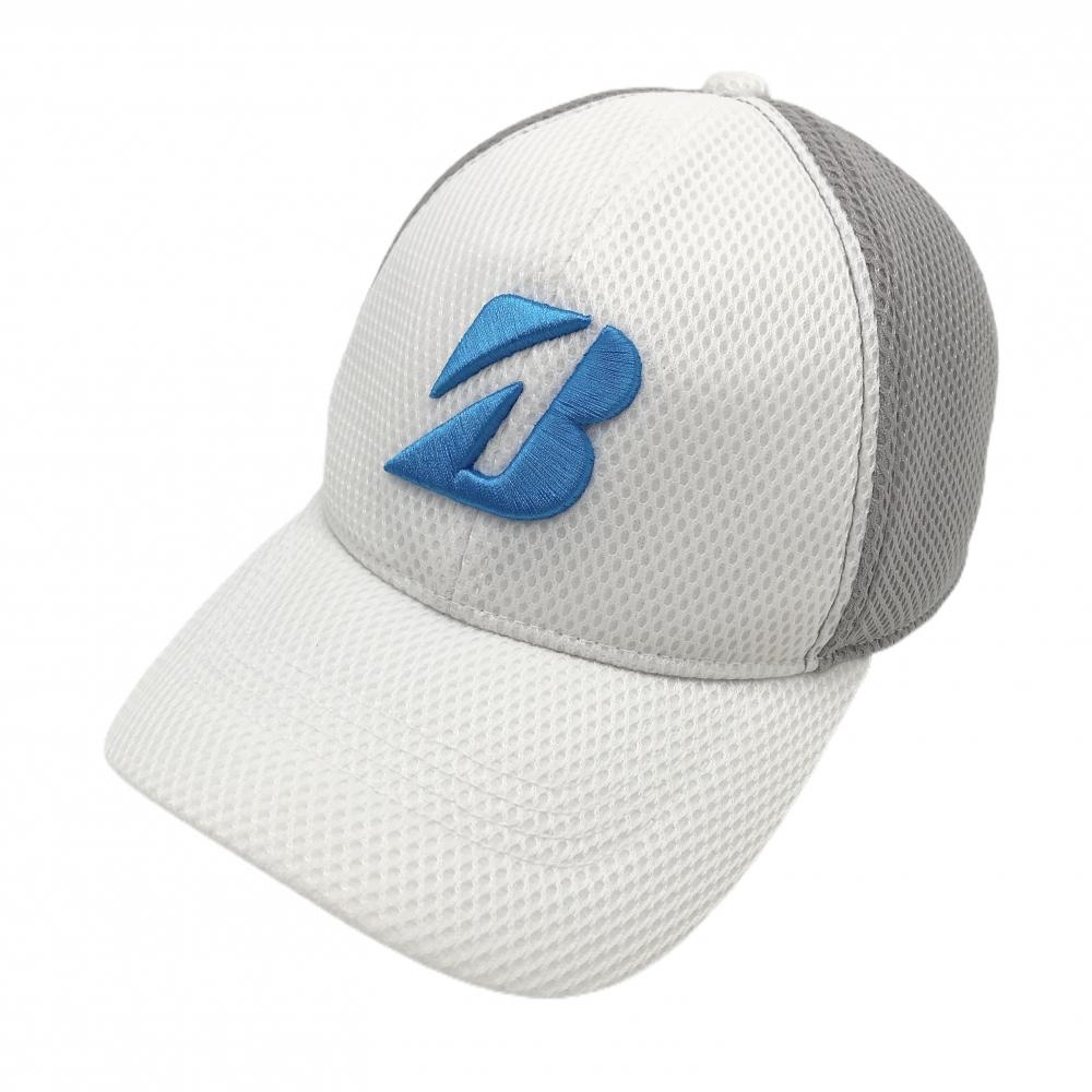 【美品】ブリヂストンゴルフ キャップ 白×グレー ロゴ刺しゅう メッシュ風 フリーサイズ(約56～59cm)  ゴルフウェア Bridgestone