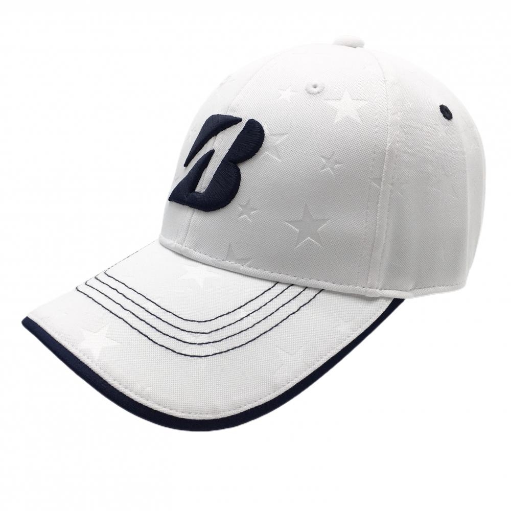 【超美品】ブリヂストン キャップ 白 星地模様 ロゴネイビー フリーサイズ(約55-58cm)  ゴルフウェア Bridgestone
