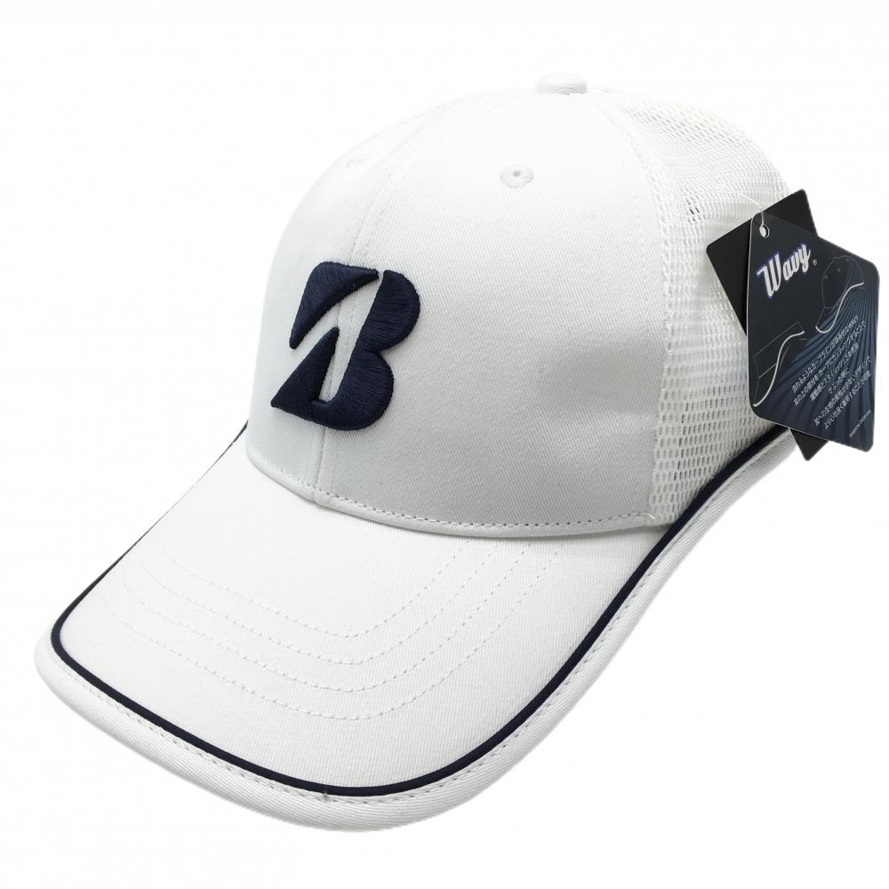 【新品】ブリヂストン メッシュキャップ 白×ネイビー ロゴ刺しゅう ブランドタグ無 フリーサイズ(約55-58cm)   ゴルフウェア Bridgestone