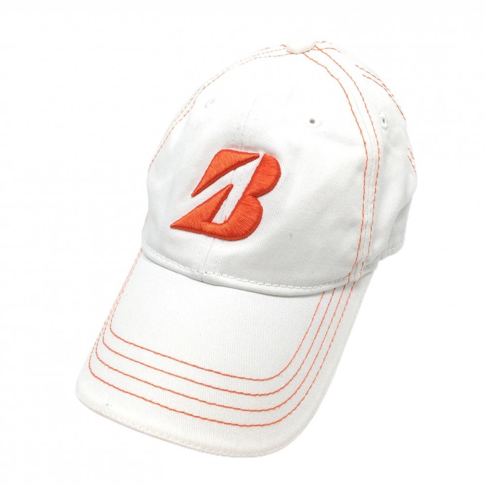 【美品】ブリヂストンゴルフ キャップ 白×オレンジ ロゴ刺しゅう  L(約57～60cm)   ゴルフウェア Bridgestone
