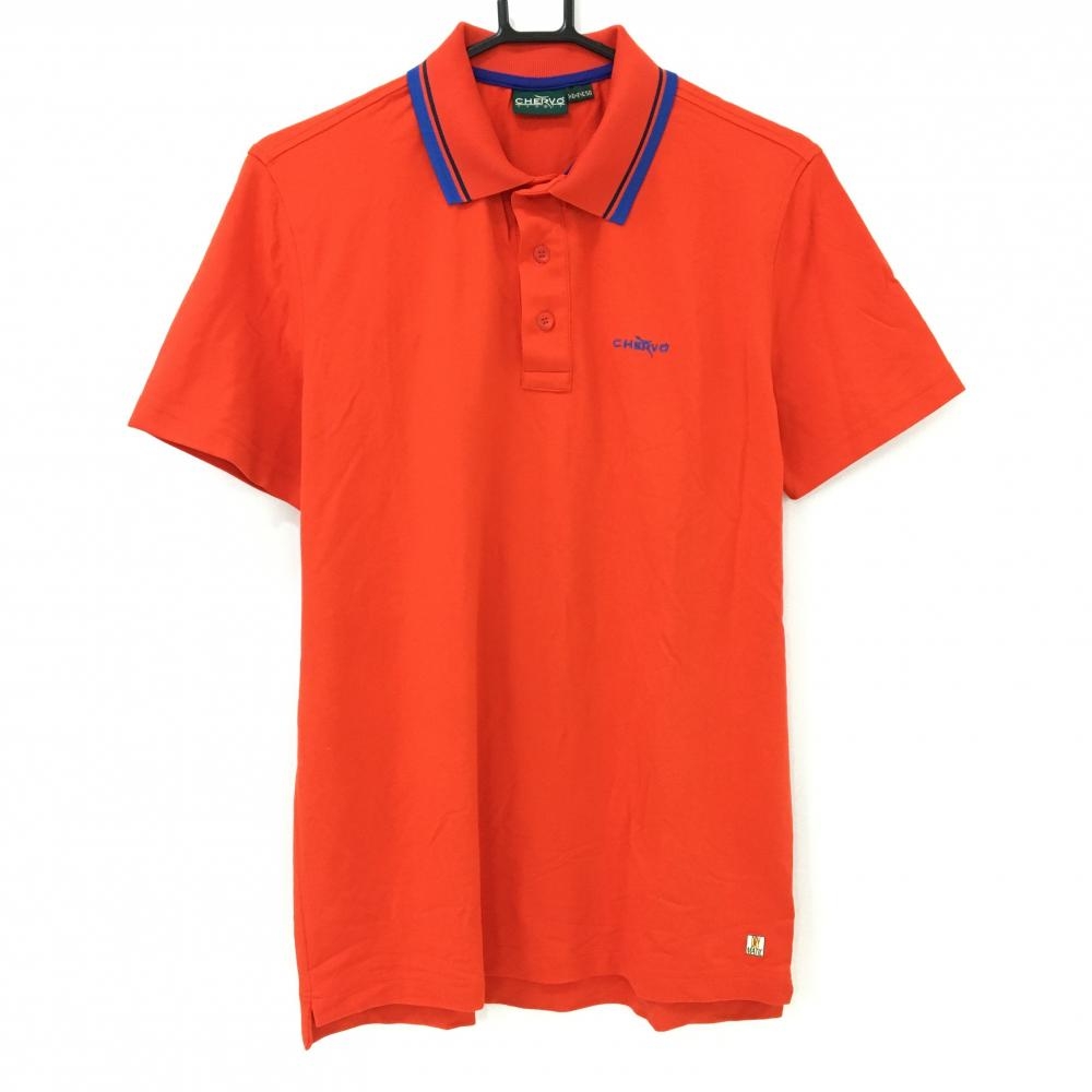 【美品】シェルボ 半袖ポロシャツ オレンジレッド系×ブルー 胸ロゴ  メンズ USA-L ゴルフウェア CHERVO