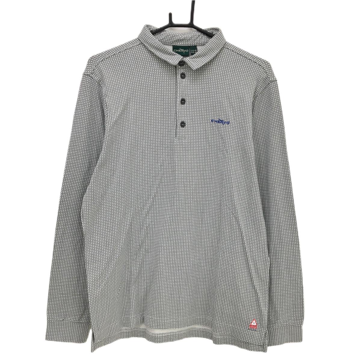【美品】シェルボ 長袖ポロシャツ 白×グレー 格子チェック ストレッチ  メンズ S ゴルフウェア CHERVO