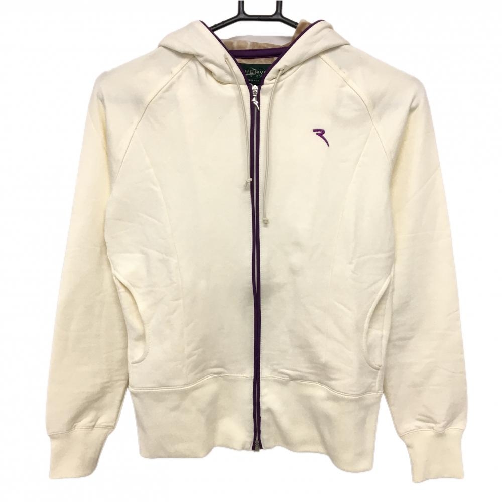 【美品】シェルボ ジップパーカー アイボリー×パープル 裏起毛 フード裏アニマル柄 ストレッチ レディース USA-4XS ゴルフウェア CHERVO