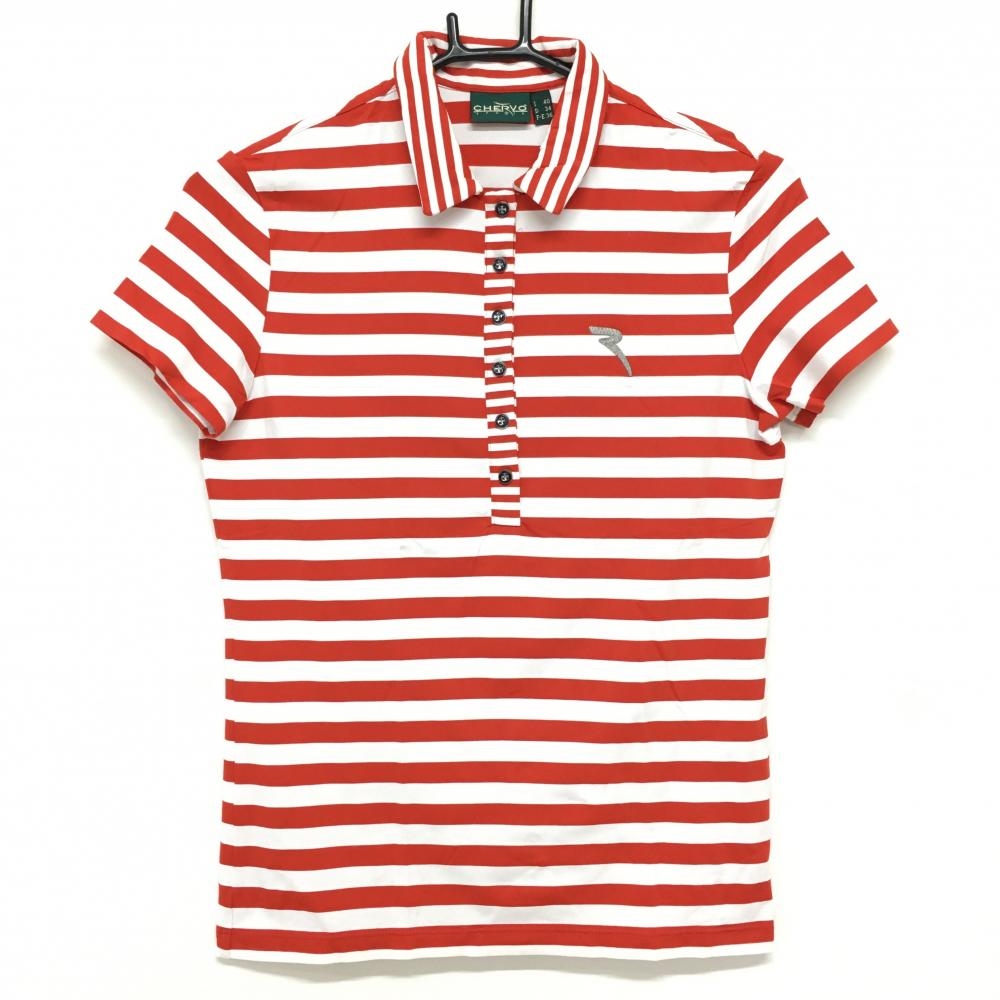 【超美品】シェルボ 半袖ポロシャツ レッド×白 ボーダー スパンコール レディース USA 4-XS ゴルフウェア CHERVO